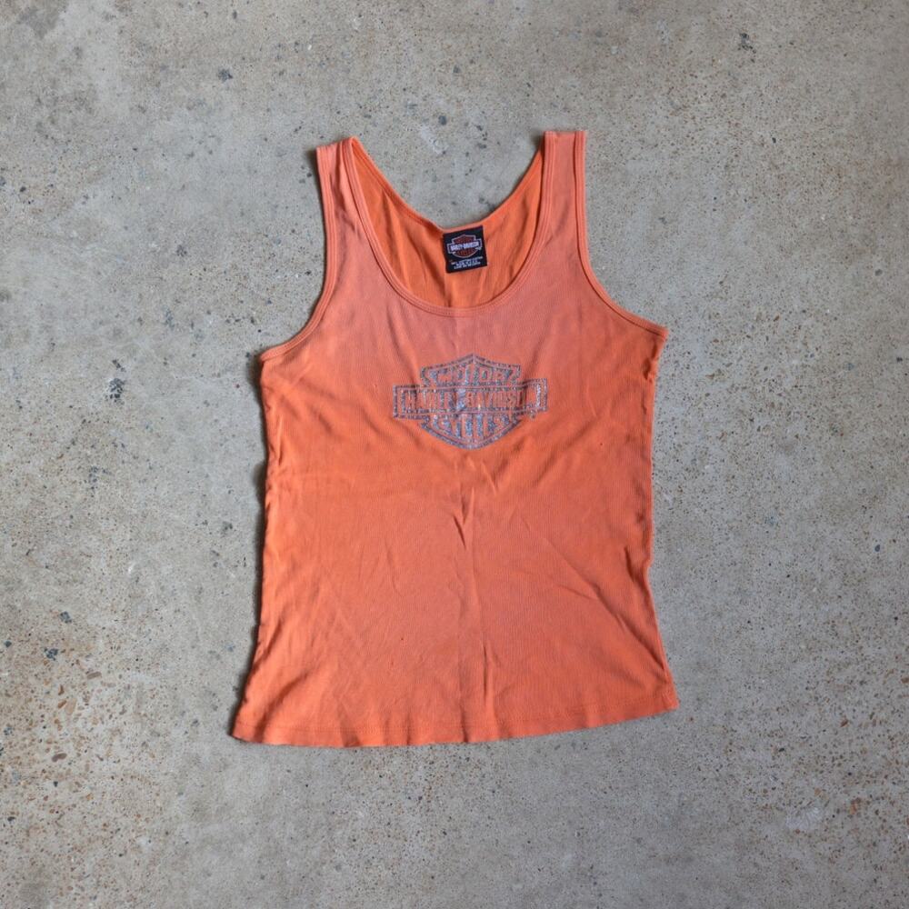 Vintage Harley-Davidson Orange Glitter Logo Tank Top Y2K Biker Moto Size M